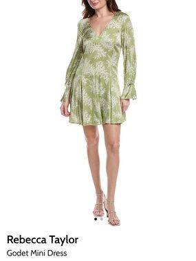 Rebecca Taylor Sage Green Floral V-Neck Godet Mini Dress